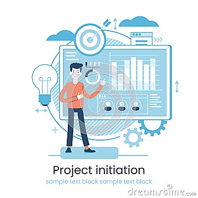 Project life cycle concept. Business analysis. Initiating and closing a project. Terms of implementation of projects. Drawing up Vector Illustration