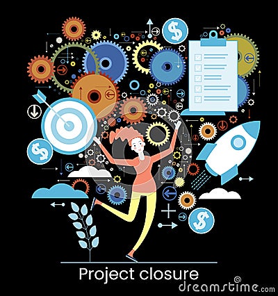 Project life cycle concept. Business analysis. Initiating and closing a project. Terms of implementation of projects. Drawing up Vector Illustration