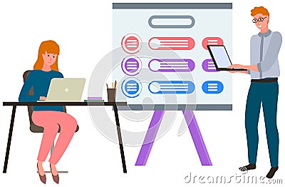 Project management basics, employees work with technology. Social trends and icons on website Stock Photo
