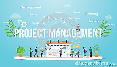 Project management concept with business calendar and team people meeting together - vector Cartoon Illustration