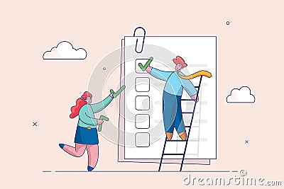Project management concept. Finishing todo list, work checklist or accomplishment, teamwork to get work done, complete Vector Illustration