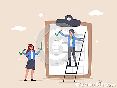 Project management concept. Finishing todo list, work checklist or accomplishment, teamwork to get work done, complete Vector Illustration