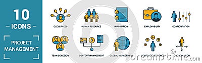 Project Management icon set. Include creative elements goal seeking, virtual team, budget, global management, team cohesion icons Stock Photo