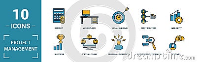 Project Management icon set. Include creative elements goal seeking, virtual team, budget, global management, team cohesion icons Stock Photo