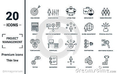 Project Management icon set. Include creative elements goal seeking, virtual team, budget, global management, team cohesion icons Stock Photo