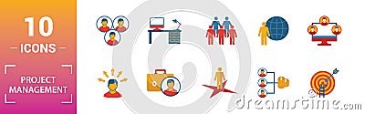 Project Management icon set. Include creative elements goal seeking, virtual team, budget, global management, team cohesion icons Stock Photo