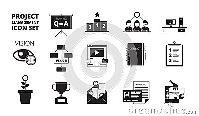 Project management icon. Work planning office managers productivity team manage business processes vector black symbols Vector Illustration