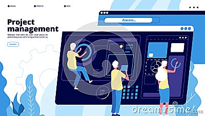 Project management landing. Tiny guys manage charts on dashboard, people projecting software. Teamwork brainstorming Vector Illustration