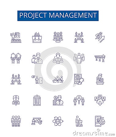 Project management line icons signs set. Design collection of Project, Management, Planning, Scheduling, Organizing Vector Illustration