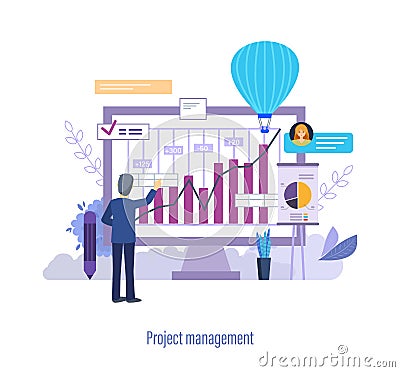 Project management. Organization of resource allocation. Analysis of working time. Vector Illustration