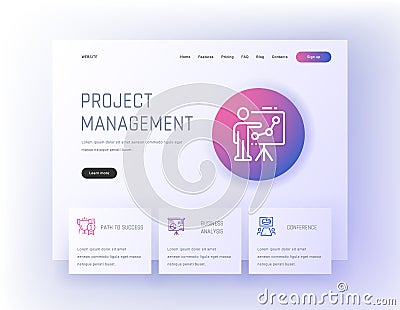 Project management, Path to success, Business analysis, Conference Landing page template. Vector Illustration