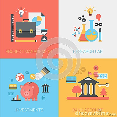 Project management, research lab, investments, bank account flat Vector Illustration