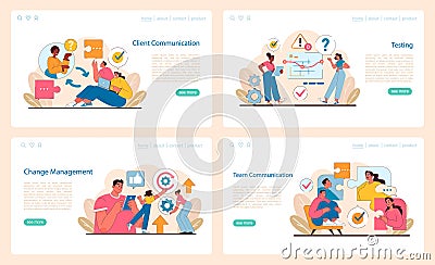 IT project management set. Showcases client engagement, rigorous testing, adaptive change, and team dialogue. Vector Illustration
