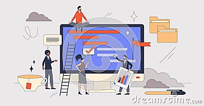 Project management software or process organization retro tiny person concept Vector Illustration