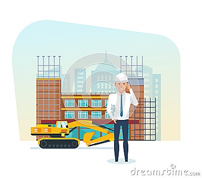 Project manager, with technical documentation, against background of under construction. Vector Illustration