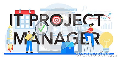 IT project manager typographic header. Successful strategy planning, motivation Vector Illustration
