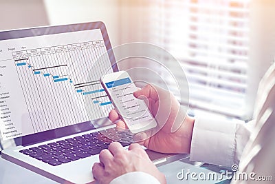 Project manager working on Gantt chart planning schedule with tasks and milestones on computer and sending email on smartphone, Stock Photo