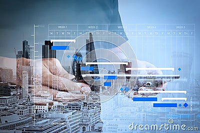 Double exposure of success businessman using digital tablet with Stock Photo