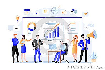 Project managers and business marketers analyzes data, develops product promotion strategy. Vector flat illustration Vector Illustration