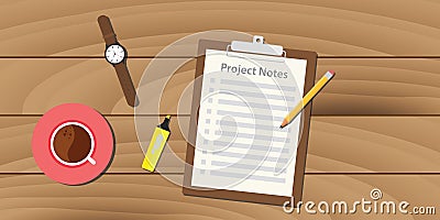 Project notes illustration with clipboard and paper work document text Vector Illustration