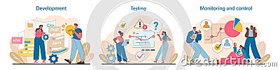 IT project phases set. Coding in development, critical analysis during testing, and strategic oversight in monitoring. Vector Illustration