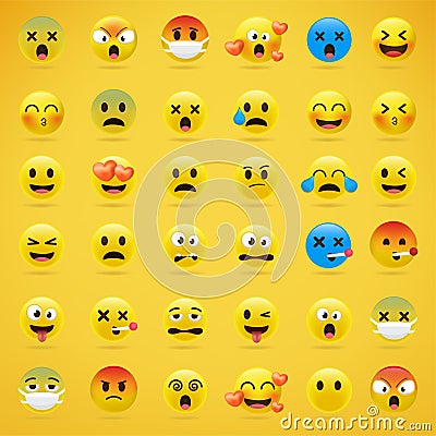Cartoon emoji collection. Set of emoticons with different mood. Vector Illustration