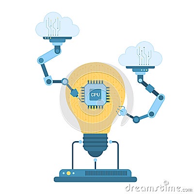 Project planning, analytics and idea innovation process by AI, robot arms programming Vector Illustration