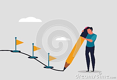 Project progress and workflow at work. A man completes tasks step by step. Track all stages of work and the path to success at Vector Illustration