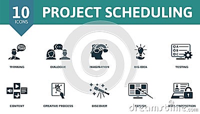 Project Scheduling icon set. Thinking, Dialogue, Imagination, Big Idea, Testing, Content, Creative Process, Discover Vector Illustration