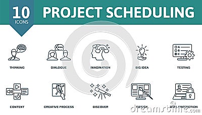 Project Scheduling thin line icon set. Thinking, Dialogue, Imagination, Big Idea, Testing, Content, Creative Process Vector Illustration