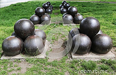 Projectiles for US 20-inch Rodman cannon at the Civil War Memorial in Bay Ridge area Editorial Stock Photo