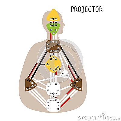 Projector. Human Design BodyGraph. Nine colored energy centers Vector Illustration