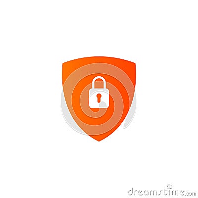 Filled strong orange gradient secure digital shield vector logo with white padlock. Vector Illustration
