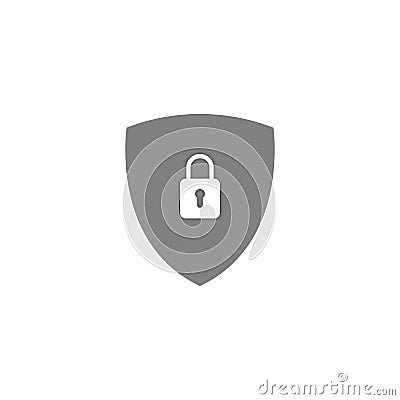 Grey secure digital shield vector logo with white padlock. Vector Illustration
