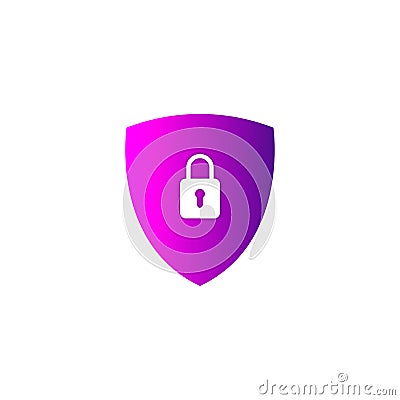 Filled strong pink gradient secure digital shield vector logo with white padlock. Vector Illustration
