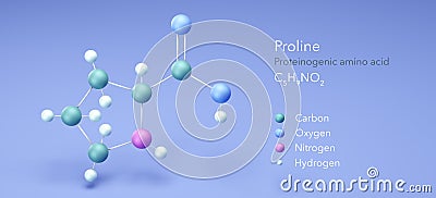 proline, molecular structures, proteinogenic amino acid, 3d model, Structural Chemical Formula and Atoms with Color Coding Stock Photo
