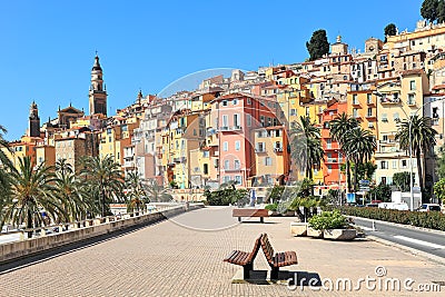 Promenade and town of Menton in France. Stock Photo