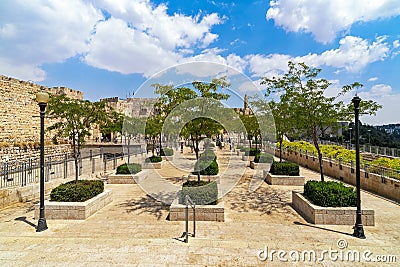 Promenade with trees under blue sky in Jerusalem, Israel. Stock Photo