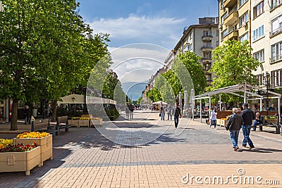 Promenade at Vitosha Boulevard. Pedestrian zone, Sofia, Bulgaria. Editorial Stock Photo