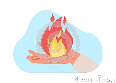 Prometheus hand with fire in palm of his hand. Human arm with red flame. Give bonfire. Biblical story, religion myth Vector Illustration