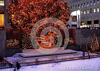 Prometheus statue at Christmas, New York. Editorial Stock Photo