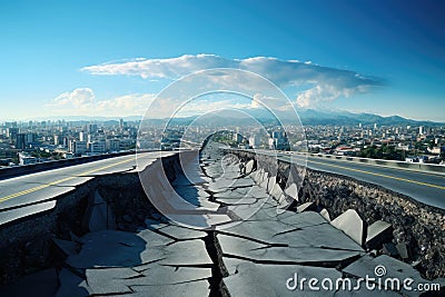 a large crack cutting through a vast city skyline. Stock Photo