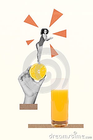 Promo collage advert of youngster girl in bikini jumping refreshing juice glass citrus vitamin c slice diving isolated Stock Photo