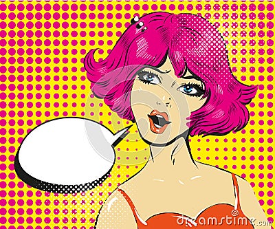 Promo girl your advertising brand here pop art retro style with pink hair Vector Illustration