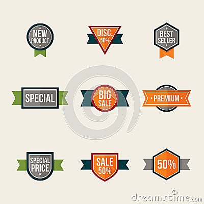 Set of promo labels. Isolated sale seals and stickers. Vector Illustration