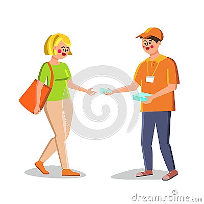 Promoter Giving Advertising Flyer To Woman Vector Vector Illustration