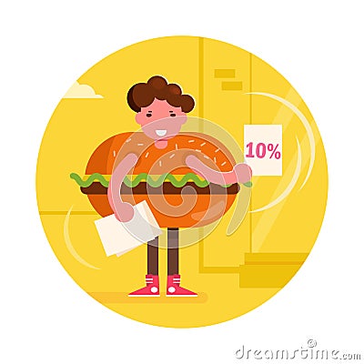 Promoter in a hamburger suit Vector. Cartoon. Isolated art Vector Illustration