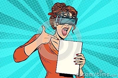 Promoter woman in glasses virtual reality advertises Vector Illustration