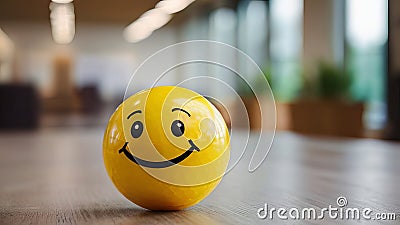 Promoting Workplace Positivity: Yellow Smiley Ball Brings Smiles to Office Interiors. Stock Photo