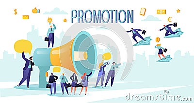 Promoter speaks in big megaphone and attracts buyers of investors and businessmen. Vector Illustration